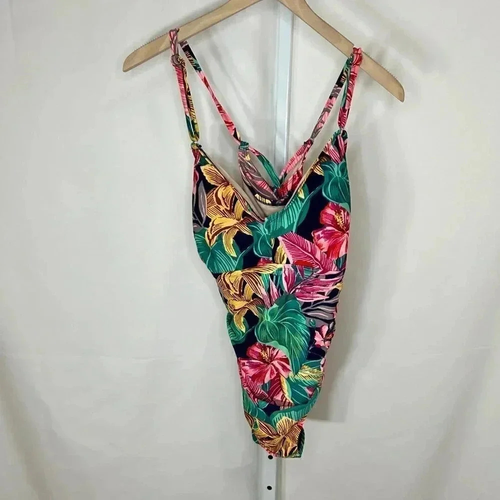 2/$30 Kona Sol 22W Tropical Swimsuit One Piece Floral Plus Size Lace Up Back